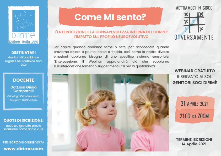 Webinar Gratuito per Genitori "L'Enterocezione" DIRimè Italia, Neurodiversità, Aprile 2021